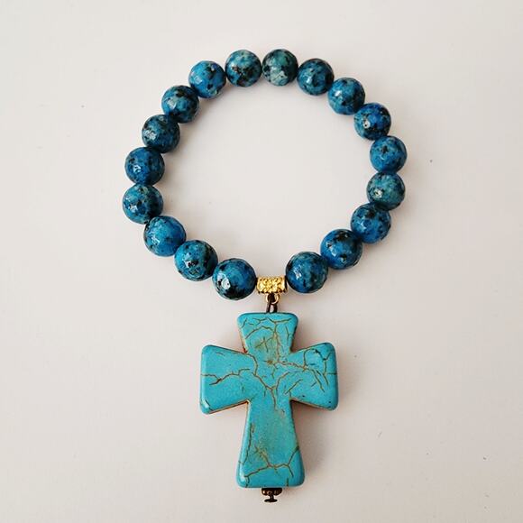 Large Resin Turquoise Cross Charm on Stretch Turquoise Beaded Bracelet - Picture 2 of 2